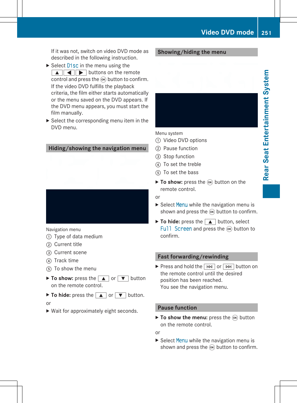 Rear seat entertainment system, Video dvd mode | Mercedes-Benz SLS-Class 2013 COMAND Manual User Manual | Page 253 / 274
