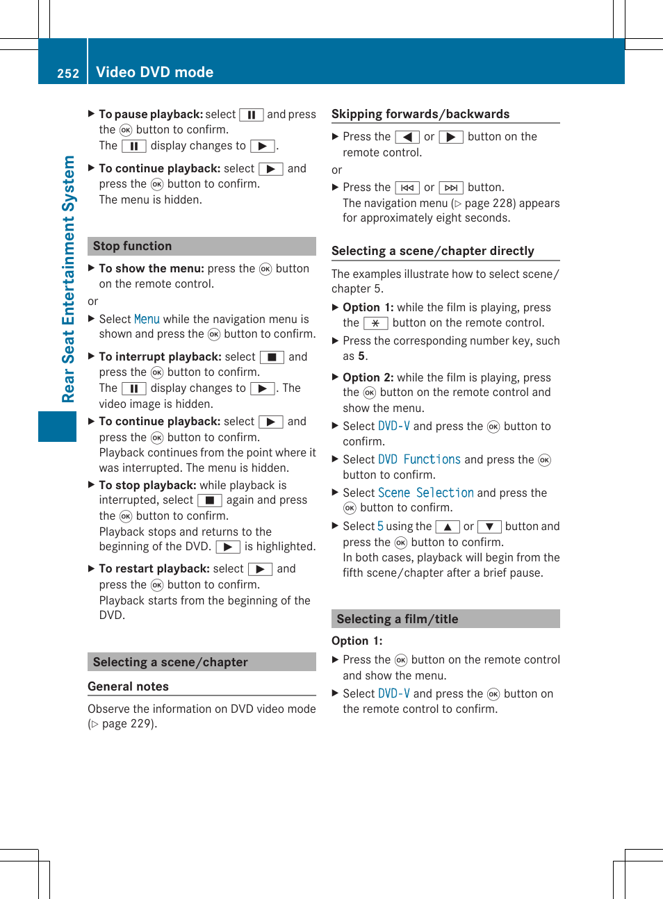 Rear se at en tertai nme nt sys tem, Video dvd mode | Mercedes-Benz SLS-Class 2013 COMAND Manual User Manual | Page 254 / 274
