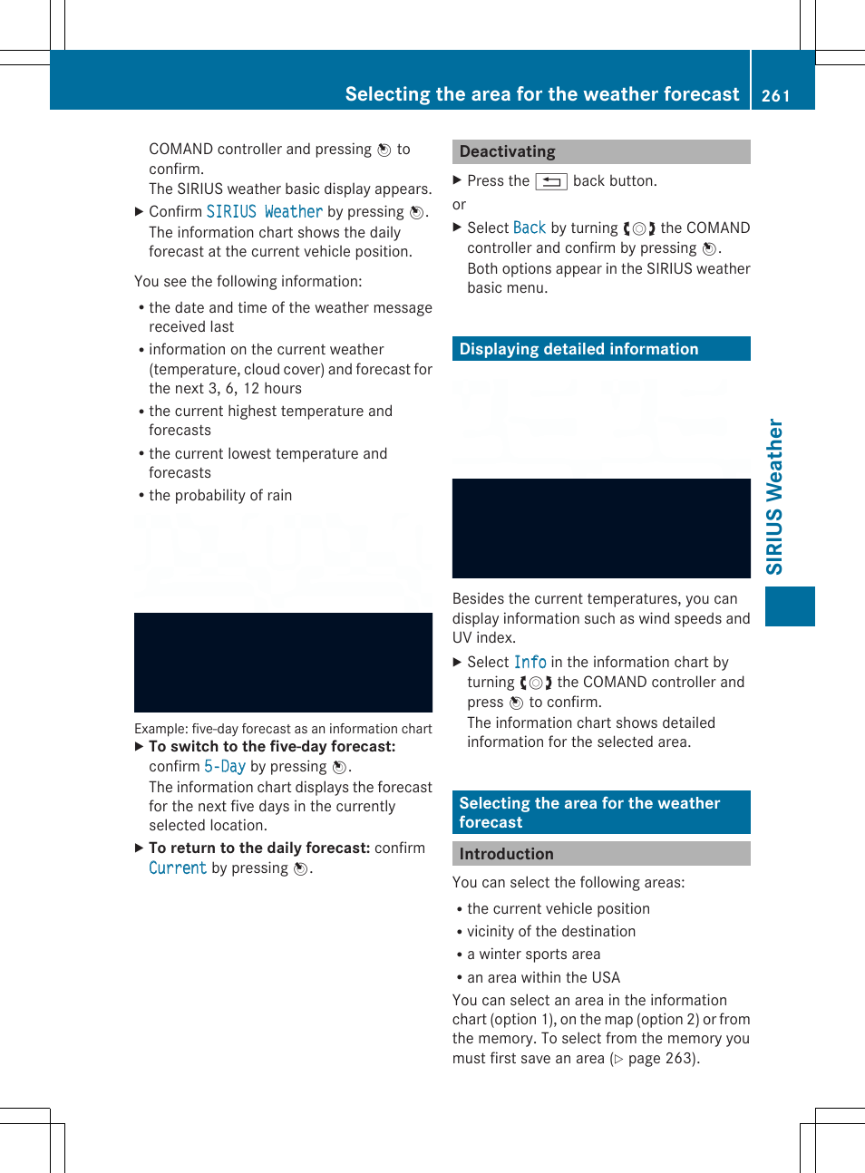 Sir ius wea th er, Selecting the area for the weather forecast | Mercedes-Benz SLS-Class 2013 COMAND Manual User Manual | Page 263 / 274