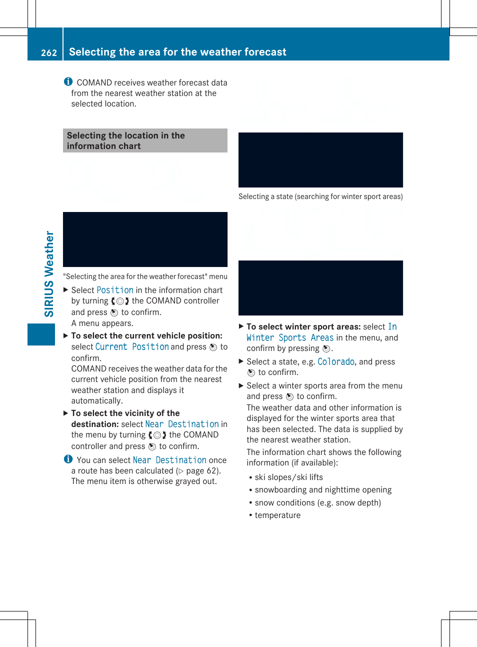 Sir ius wea th er, Selecting the area for the weather forecast | Mercedes-Benz SLS-Class 2013 COMAND Manual User Manual | Page 264 / 274