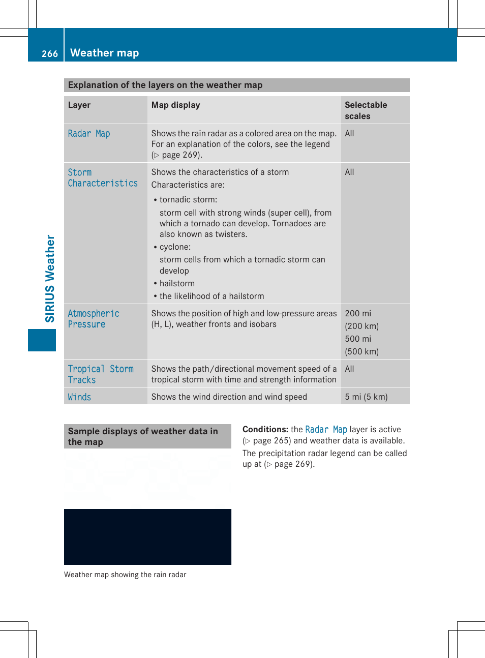 Sirius wea th er, Weather map | Mercedes-Benz SLS-Class 2013 COMAND Manual User Manual | Page 268 / 274