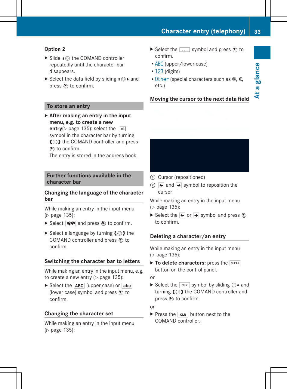 At a glance, Character entry (telephony) | Mercedes-Benz SLS-Class 2013 COMAND Manual User Manual | Page 35 / 274