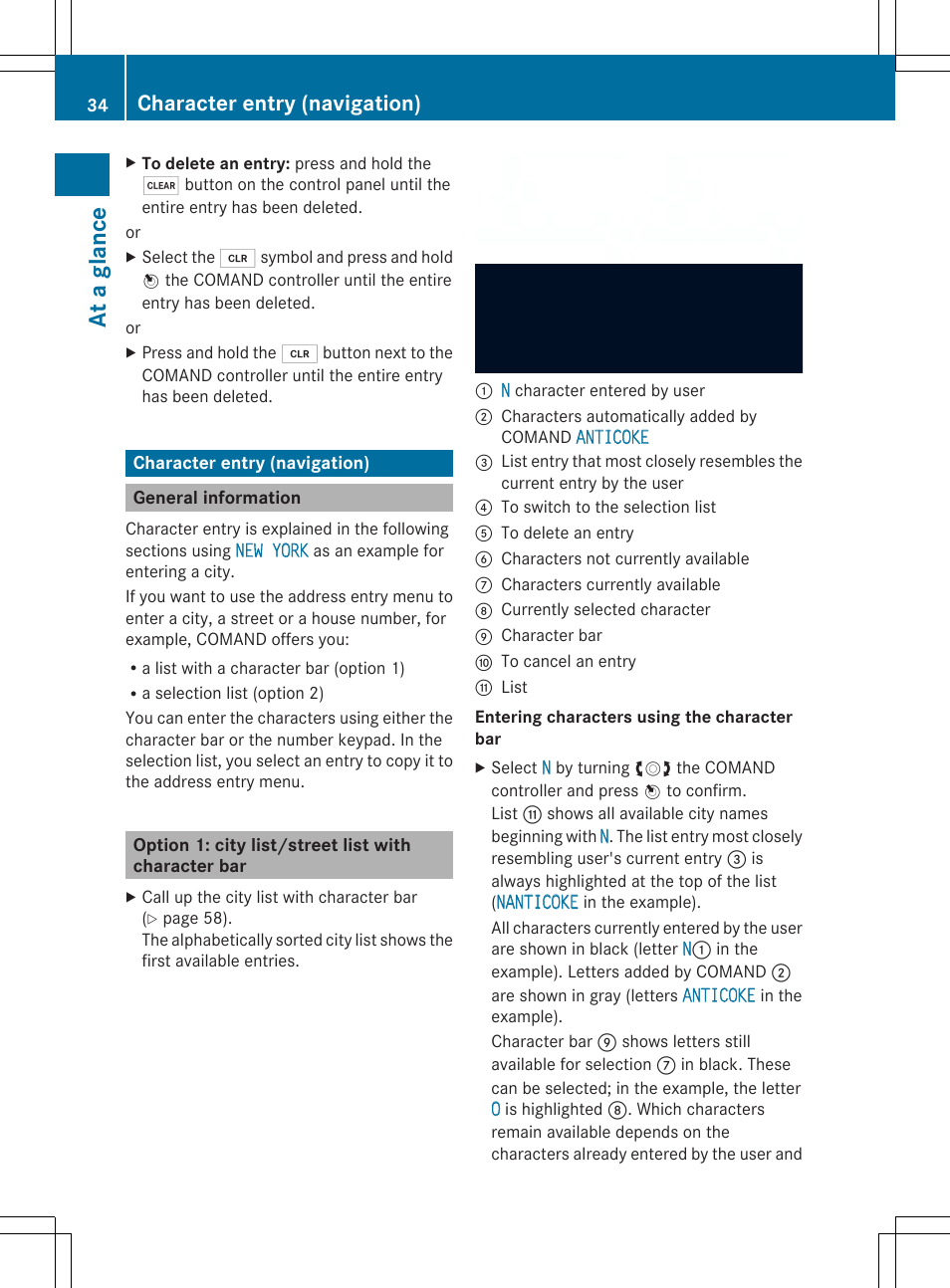 At a gl anc e, Character entry (navigation) | Mercedes-Benz SLS-Class 2013 COMAND Manual User Manual | Page 36 / 274