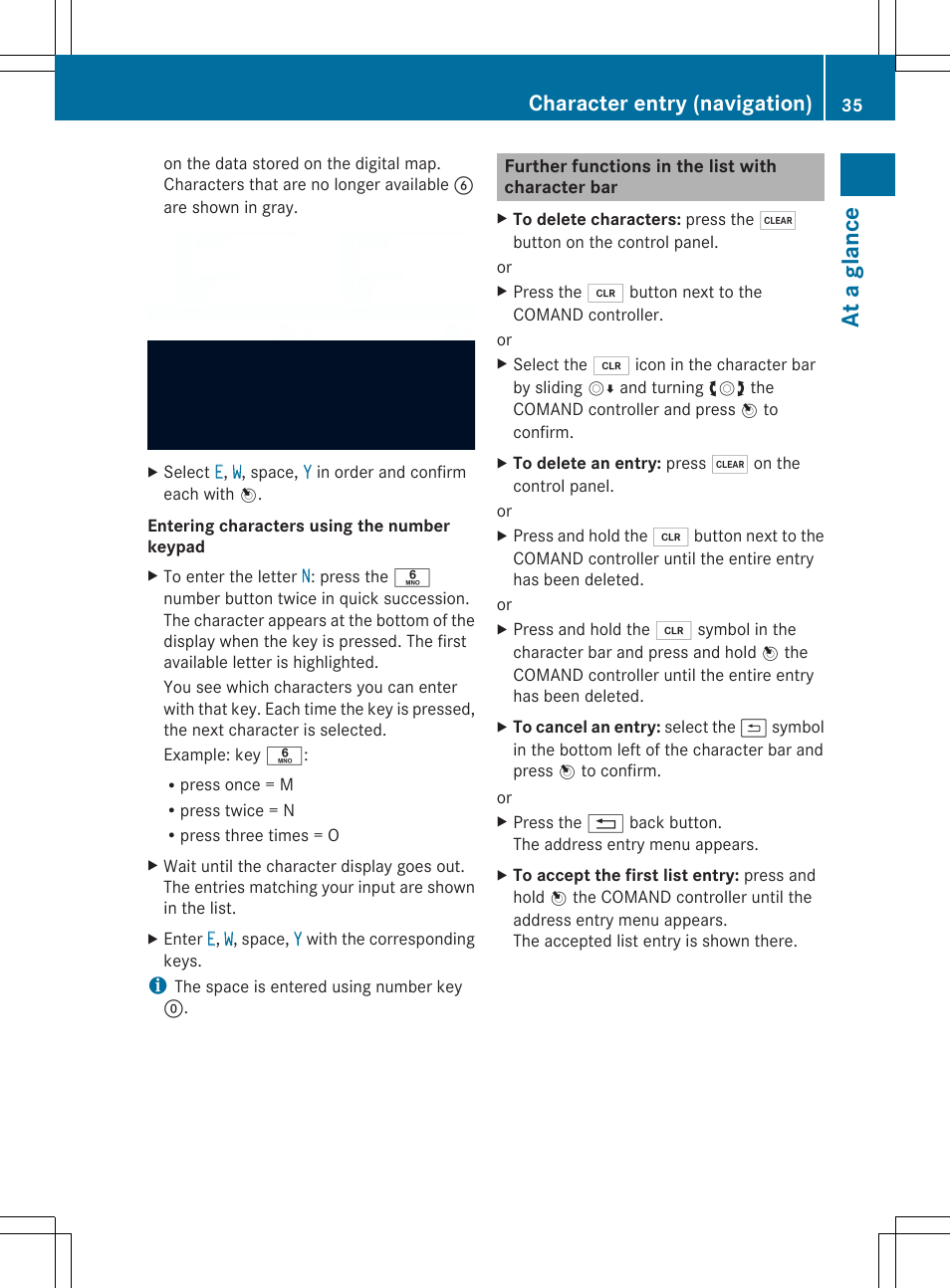 At a glance, Character entry (navigation) | Mercedes-Benz SLS-Class 2013 COMAND Manual User Manual | Page 37 / 274