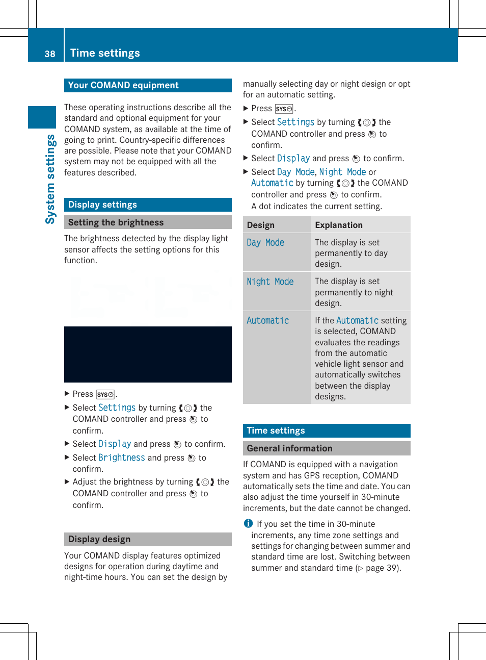 Sy ste m se ttin gs, Time settings | Mercedes-Benz SLS-Class 2013 COMAND Manual User Manual | Page 40 / 274