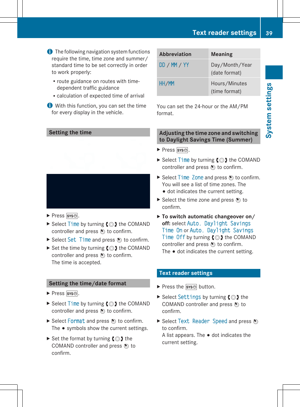 System settings, Text reader settings | Mercedes-Benz SLS-Class 2013 COMAND Manual User Manual | Page 41 / 274