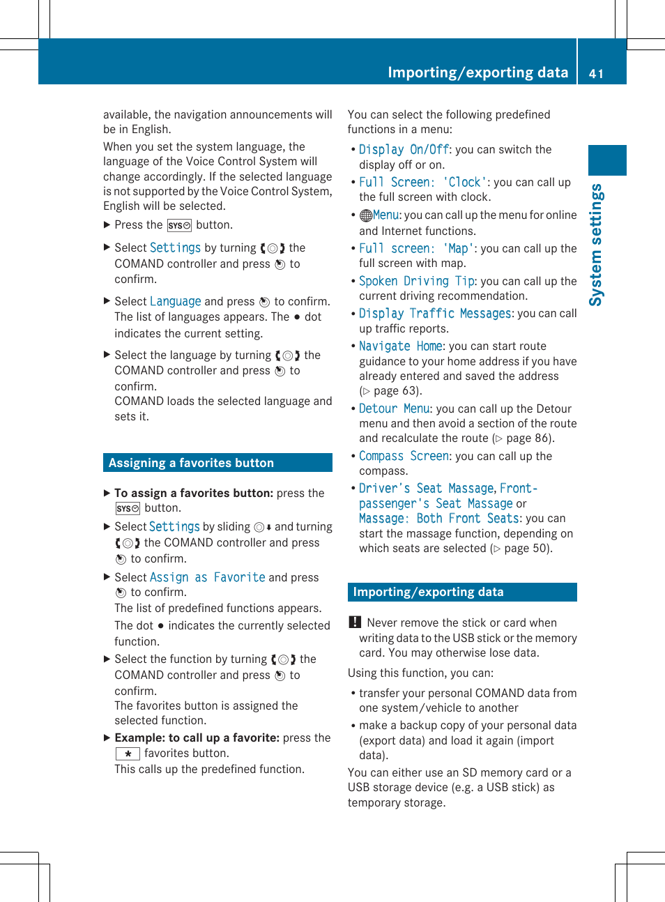 Syst em set tings, Importing/exporting data | Mercedes-Benz SLS-Class 2013 COMAND Manual User Manual | Page 43 / 274