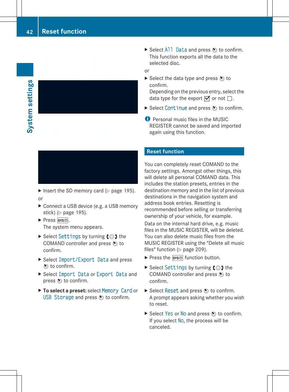 System settings, Reset function | Mercedes-Benz SLS-Class 2013 COMAND Manual User Manual | Page 44 / 274