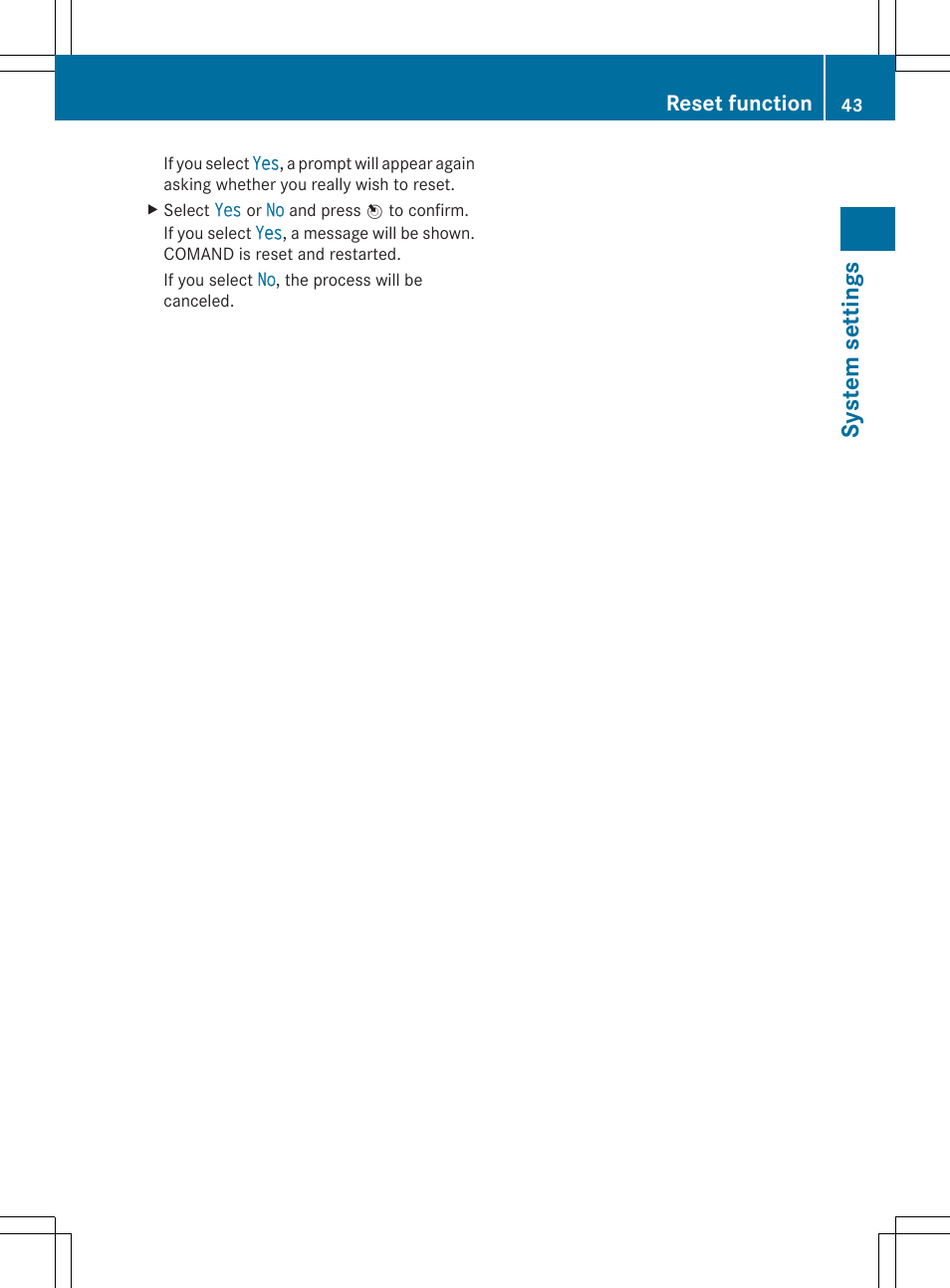 System settings, Reset function | Mercedes-Benz SLS-Class 2013 COMAND Manual User Manual | Page 45 / 274