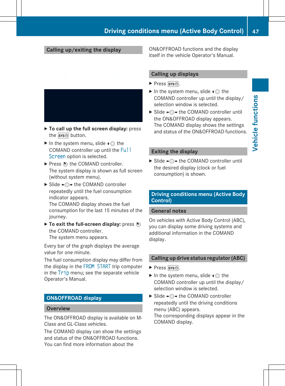 Veh icle fu ncti ons, Driving conditions menu (active body control) | Mercedes-Benz SLS-Class 2013 COMAND Manual User Manual | Page 49 / 274