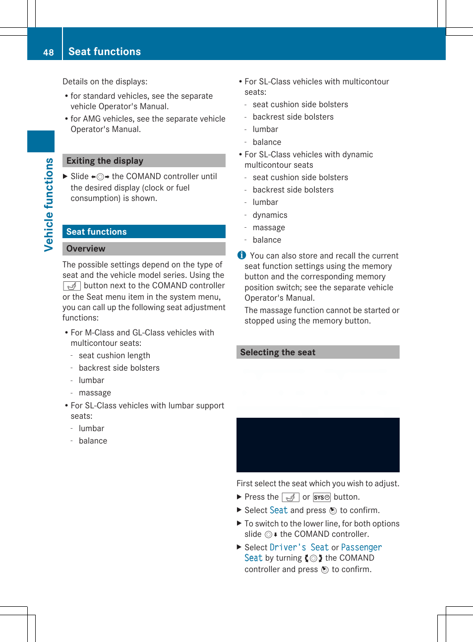 Veh ic le fun cti on s, Seat functions | Mercedes-Benz SLS-Class 2013 COMAND Manual User Manual | Page 50 / 274