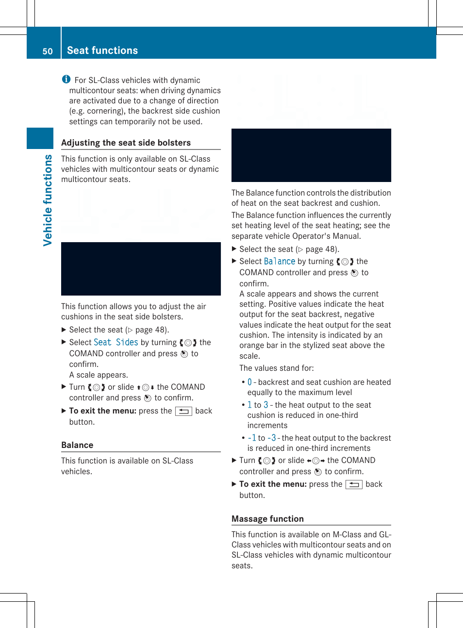 Vehi cle func tio ns, Seat functions | Mercedes-Benz SLS-Class 2013 COMAND Manual User Manual | Page 52 / 274