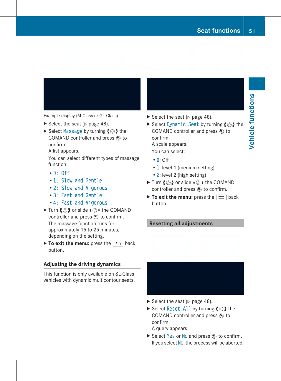 Vehi cl e func tio ns, Seat functions | Mercedes-Benz SLS-Class 2013 COMAND Manual User Manual | Page 53 / 274
