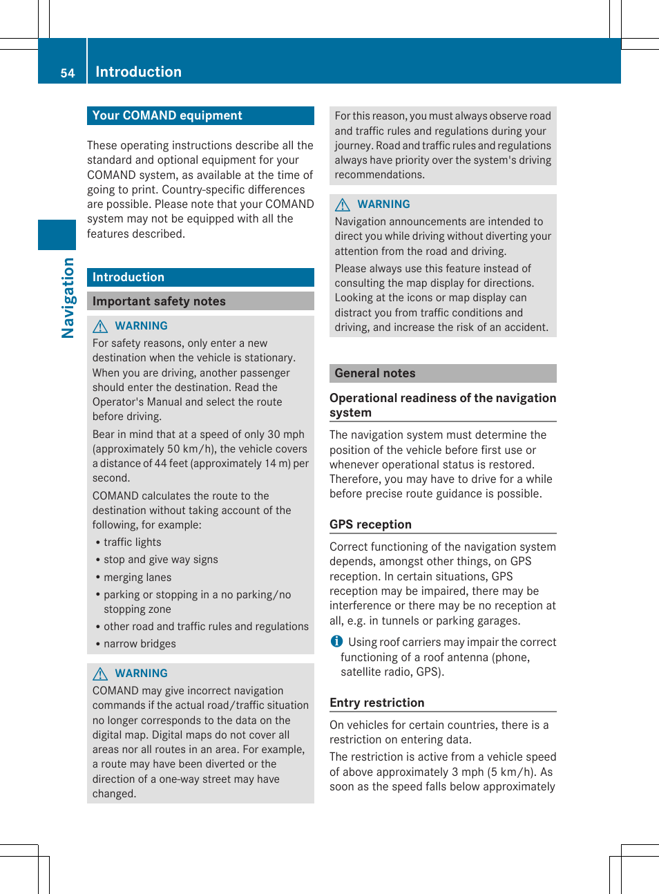 Navi ga tio n, Introduction | Mercedes-Benz SLS-Class 2013 COMAND Manual User Manual | Page 56 / 274