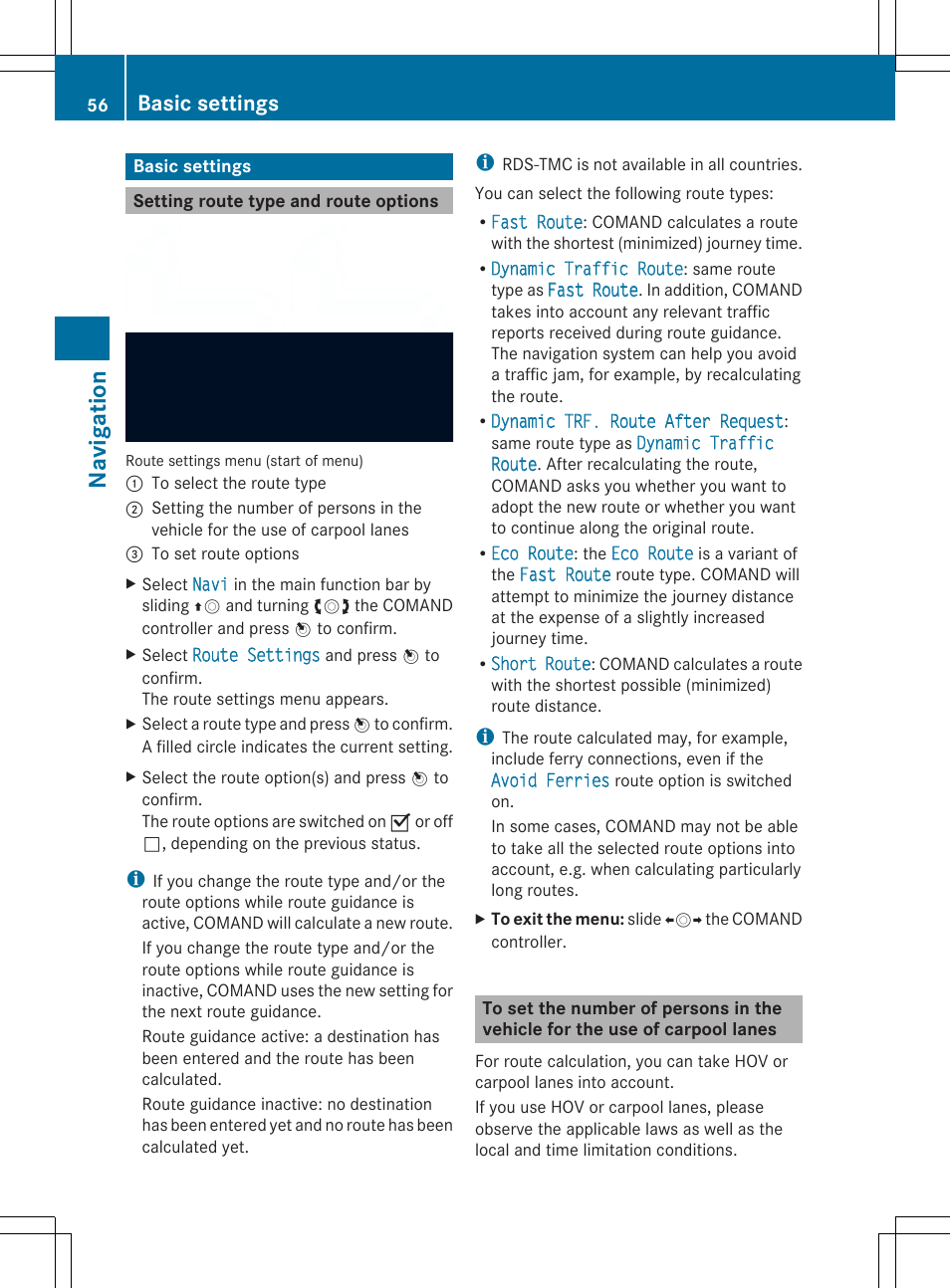 Navi gati on, Basic settings | Mercedes-Benz SLS-Class 2013 COMAND Manual User Manual | Page 58 / 274