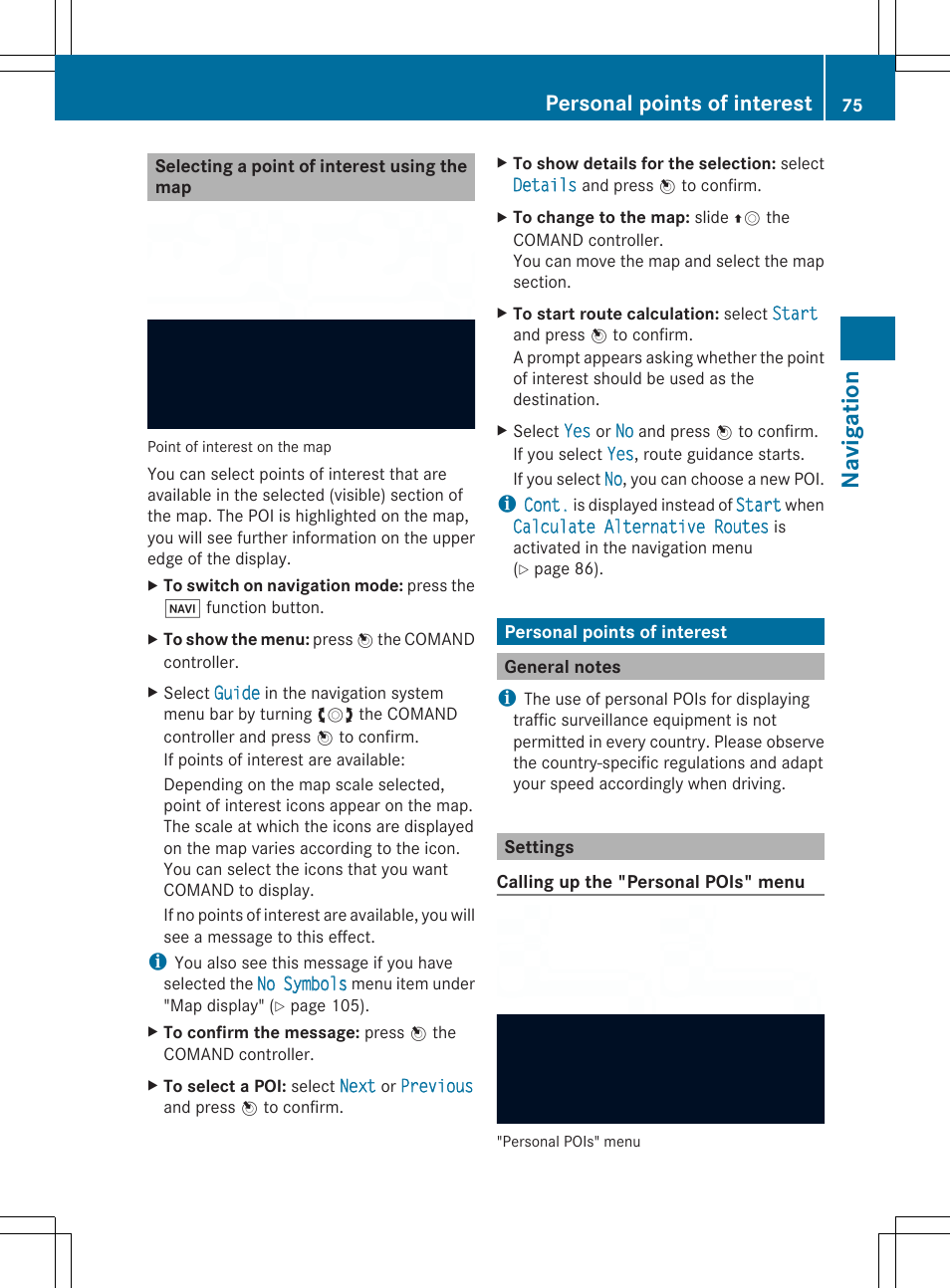 Navigation, Personal points of interest | Mercedes-Benz SLS-Class 2013 COMAND Manual User Manual | Page 77 / 274