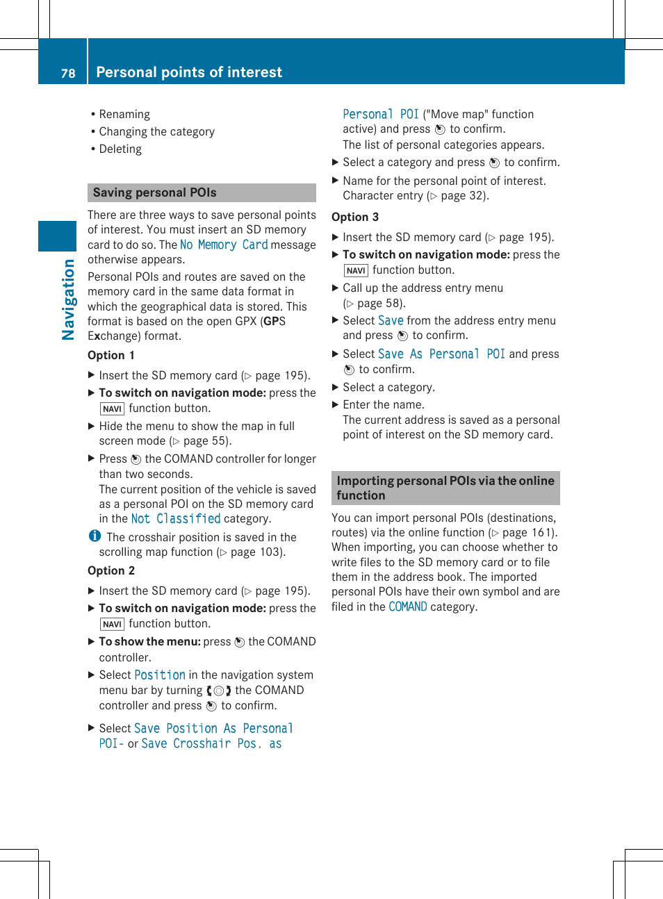 Navi ga tio n, Personal points of interest | Mercedes-Benz SLS-Class 2013 COMAND Manual User Manual | Page 80 / 274