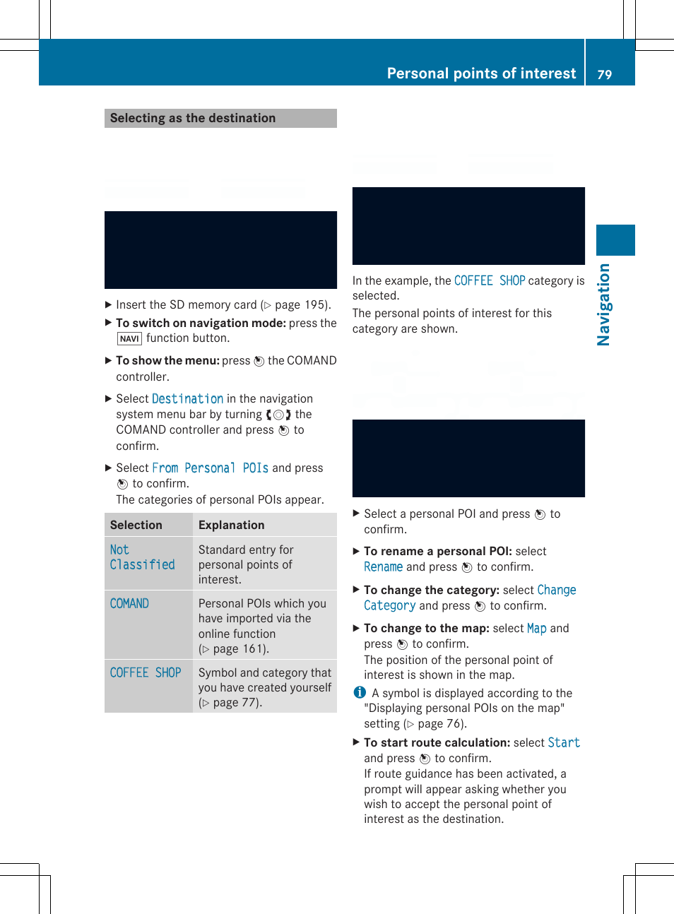 Navigation, Personal points of interest | Mercedes-Benz SLS-Class 2013 COMAND Manual User Manual | Page 81 / 274