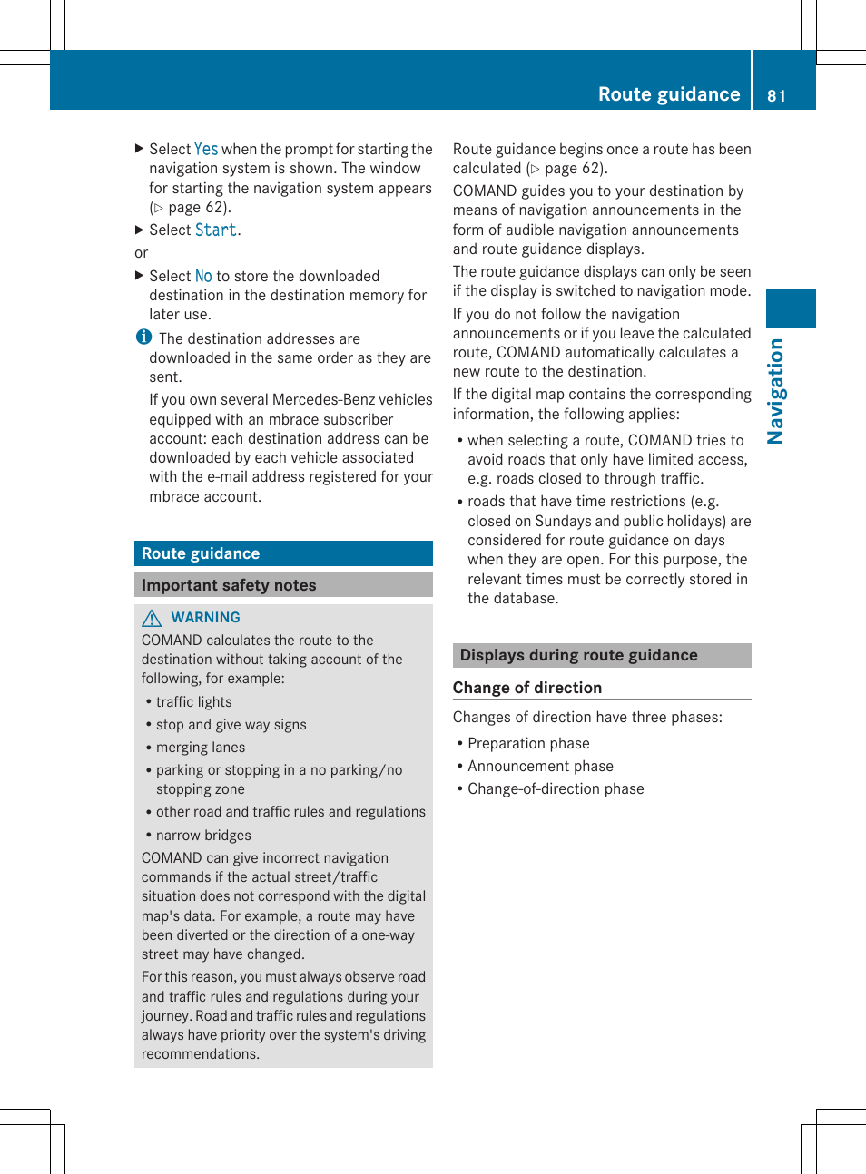 Navig atio n, Route guidance | Mercedes-Benz SLS-Class 2013 COMAND Manual User Manual | Page 83 / 274