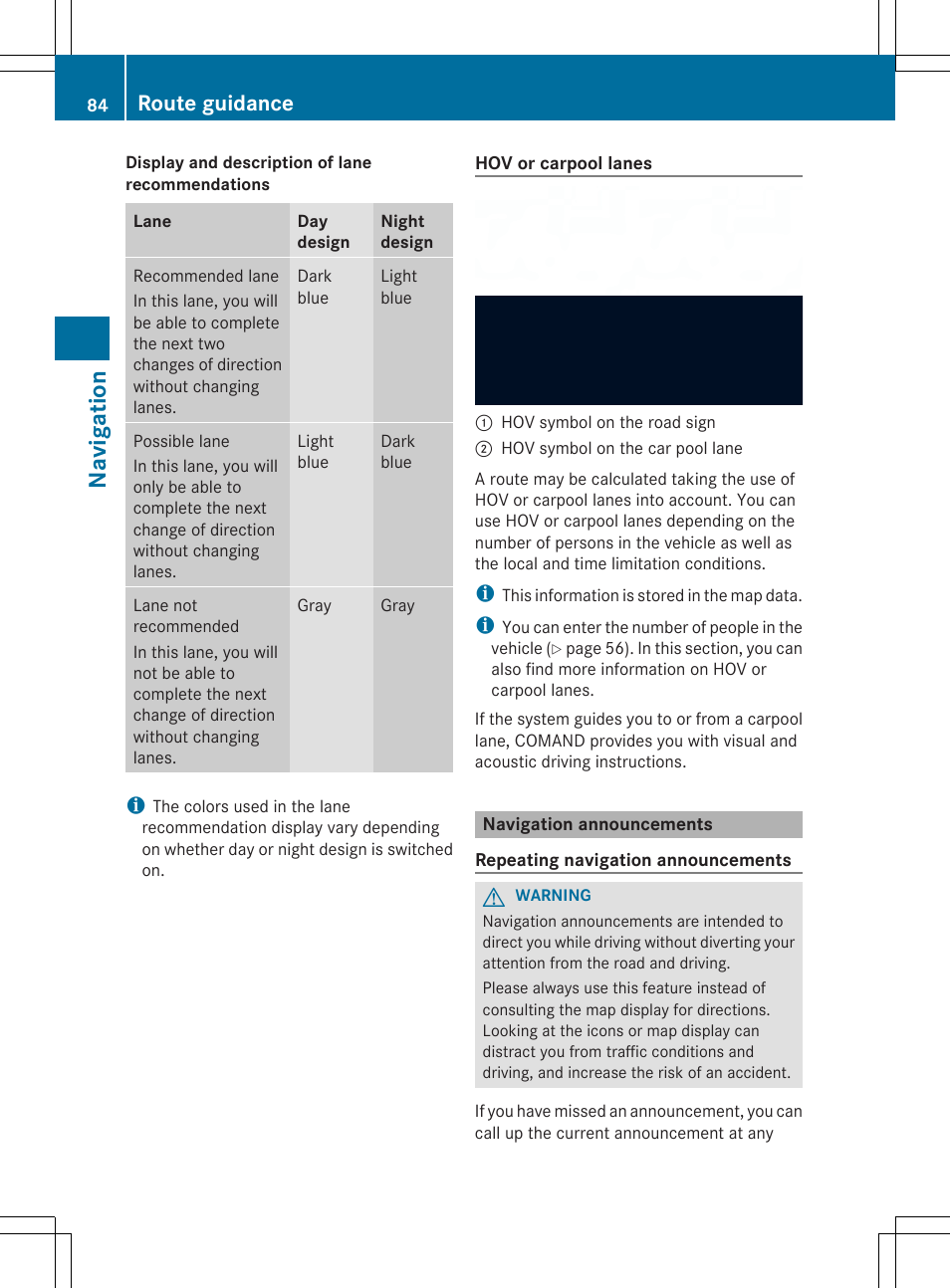 Navi ga tio n, Route guidance | Mercedes-Benz SLS-Class 2013 COMAND Manual User Manual | Page 86 / 274