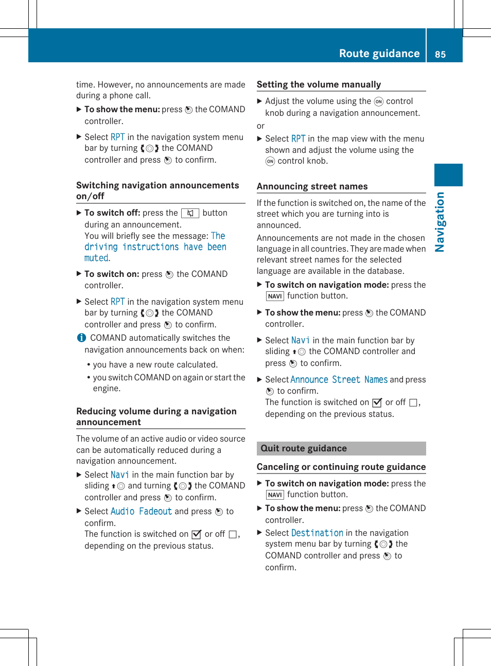 Navi gati on, Route guidance | Mercedes-Benz SLS-Class 2013 COMAND Manual User Manual | Page 87 / 274