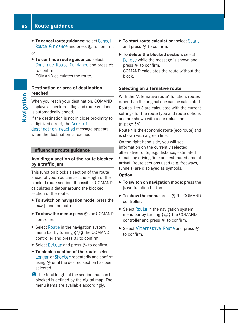 Navi gati on, Route guidance | Mercedes-Benz SLS-Class 2013 COMAND Manual User Manual | Page 88 / 274