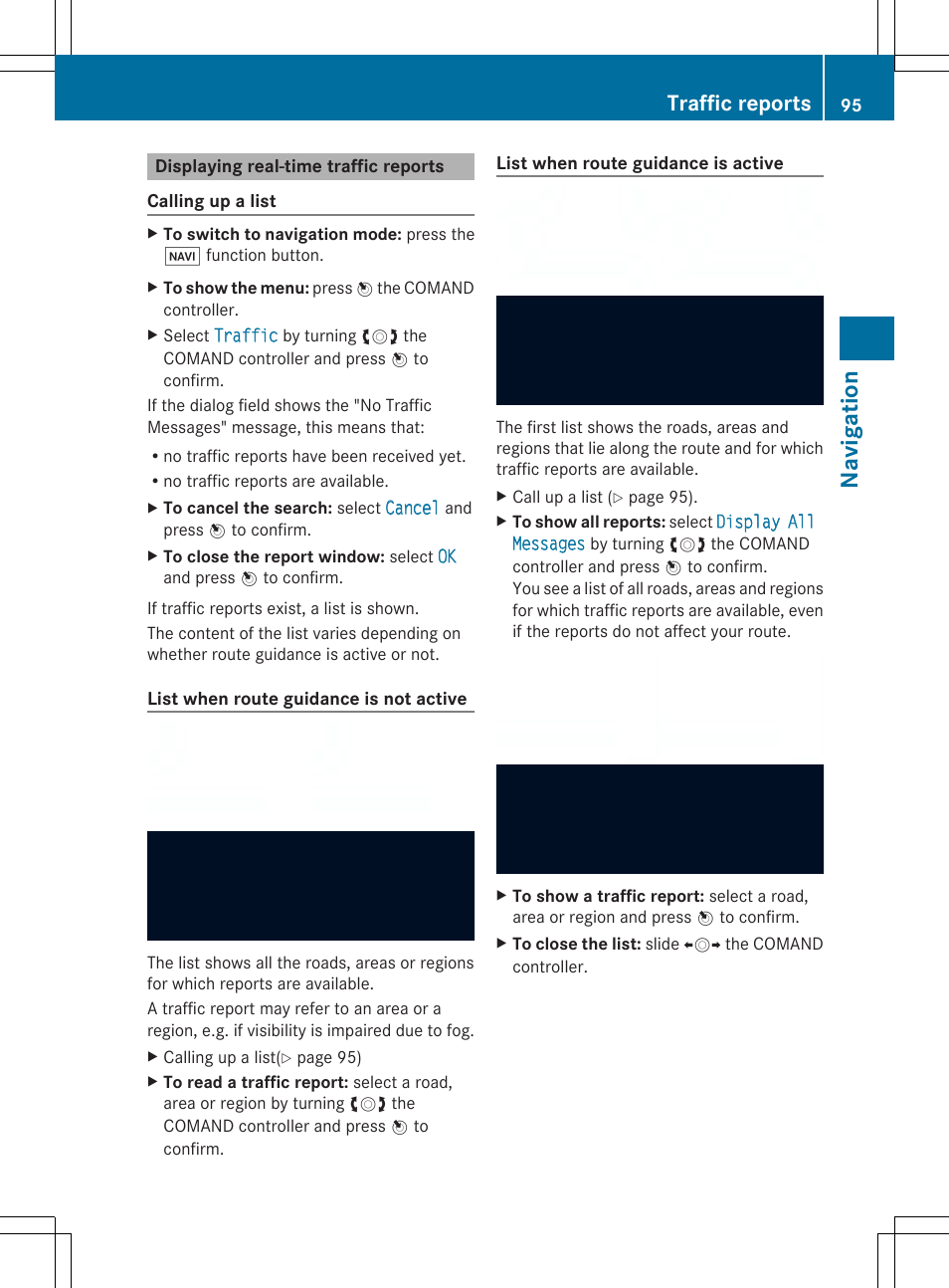 Navi ga tio n, Traffic reports | Mercedes-Benz SLS-Class 2013 COMAND Manual User Manual | Page 97 / 274