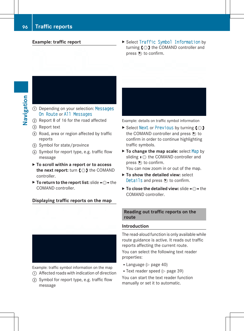 Na viga tion, Traffic reports | Mercedes-Benz SLS-Class 2013 COMAND Manual User Manual | Page 98 / 274