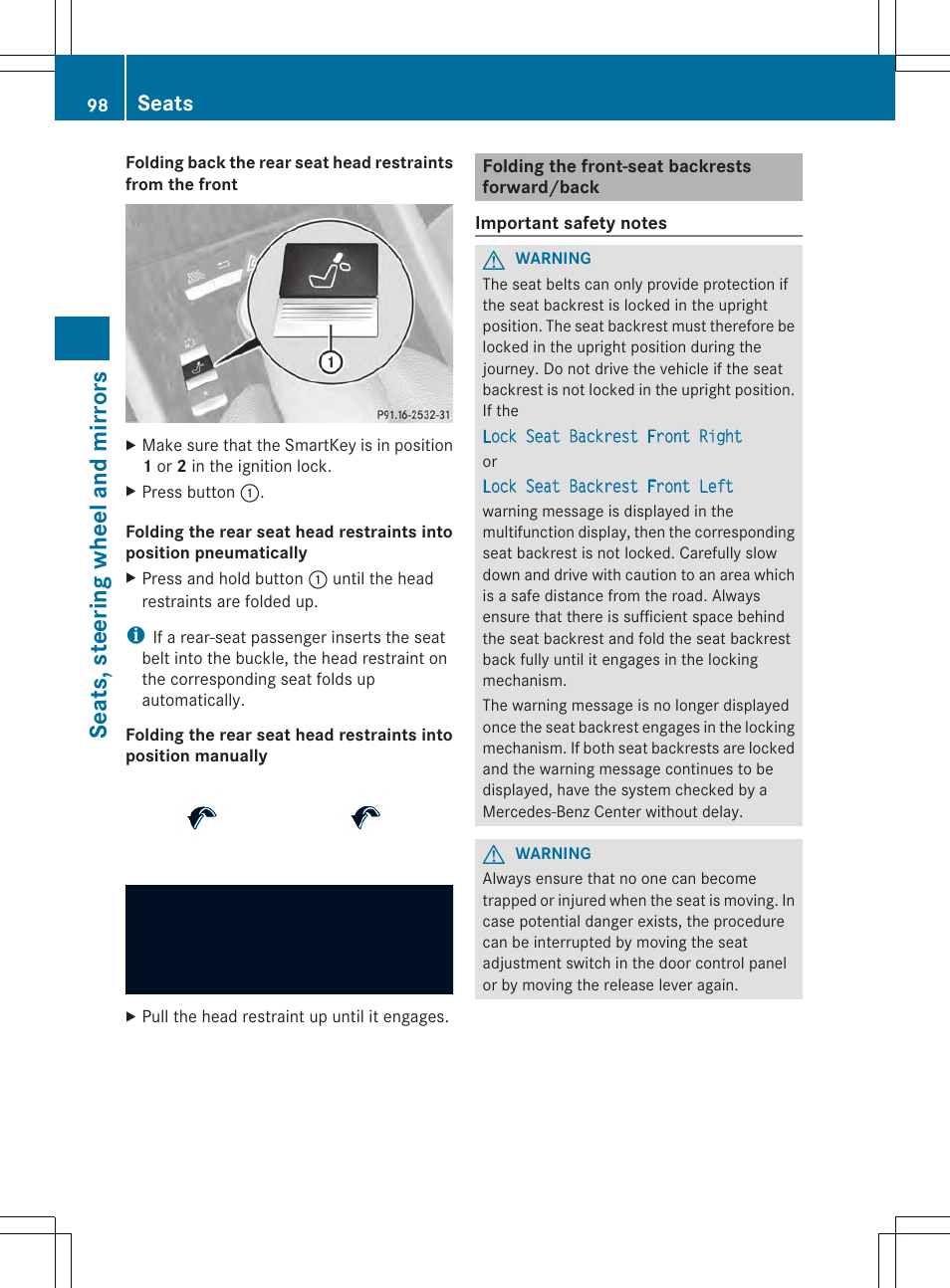 Seats, steering wheel and mirrors, Seats | Mercedes-Benz CL-Class 2013 Owners Manual User Manual | Page 100 / 494