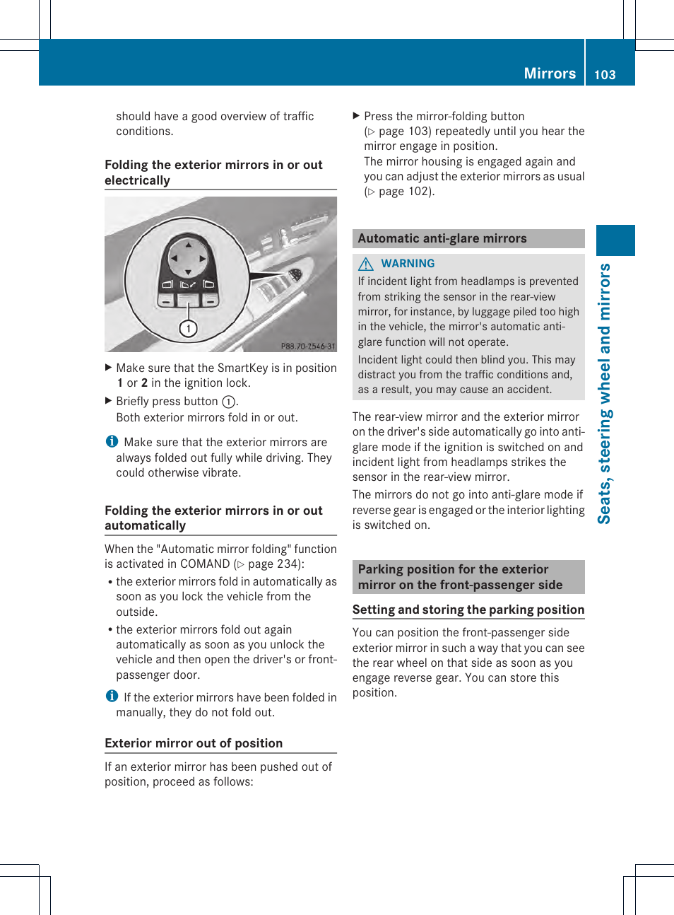 Seats, steering wheel and mirrors, Mirrors | Mercedes-Benz CL-Class 2013 Owners Manual User Manual | Page 105 / 494