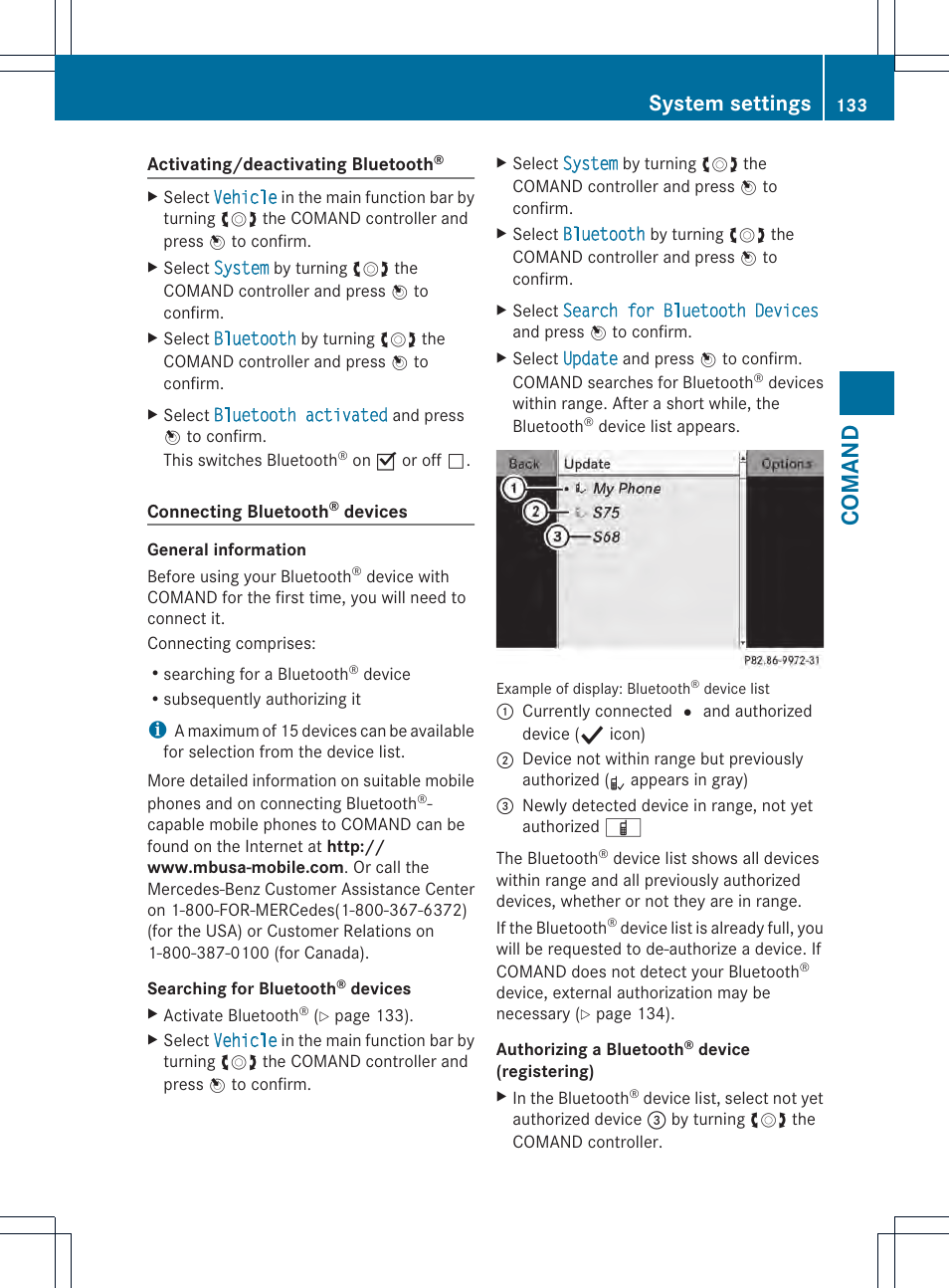 Comand, System settings | Mercedes-Benz CL-Class 2013 Owners Manual User Manual | Page 135 / 494