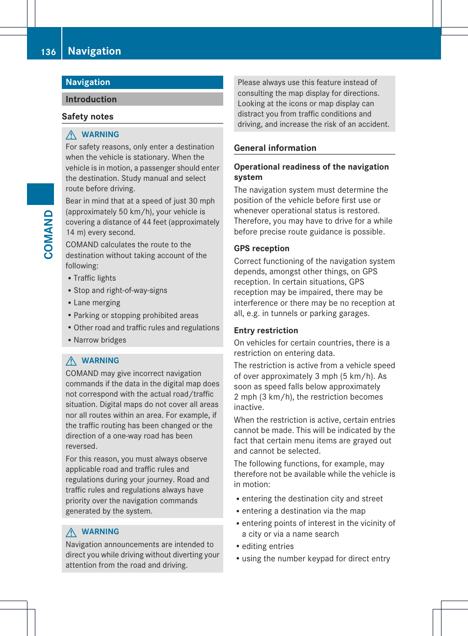 Comand, Navigation | Mercedes-Benz CL-Class 2013 Owners Manual User Manual | Page 138 / 494