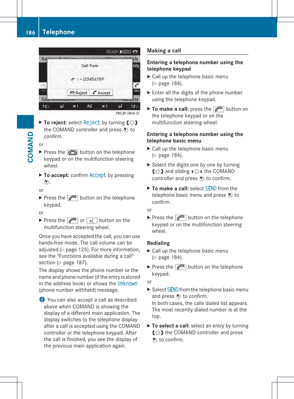 Comand, Telephone | Mercedes-Benz CL-Class 2013 Owners Manual User Manual | Page 188 / 494
