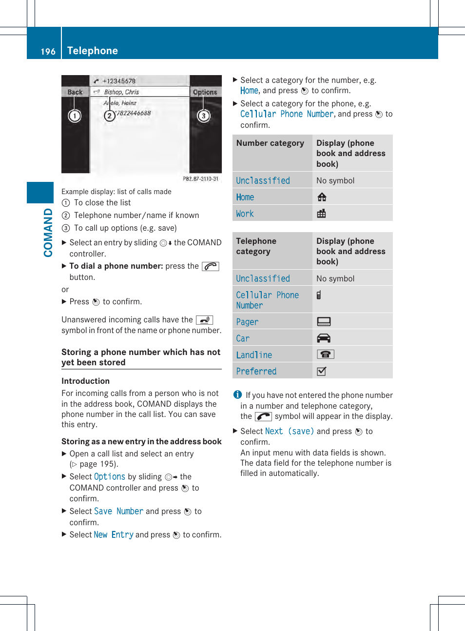 Comand, Telephone | Mercedes-Benz CL-Class 2013 Owners Manual User Manual | Page 198 / 494