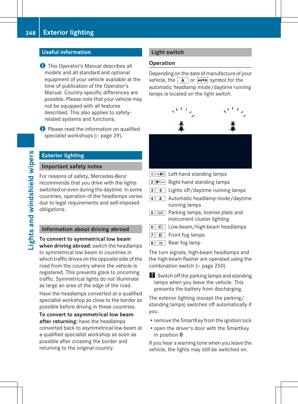 Lights and windshield wipers, Exterior lighting | Mercedes-Benz CL-Class 2013 Owners Manual User Manual | Page 250 / 494