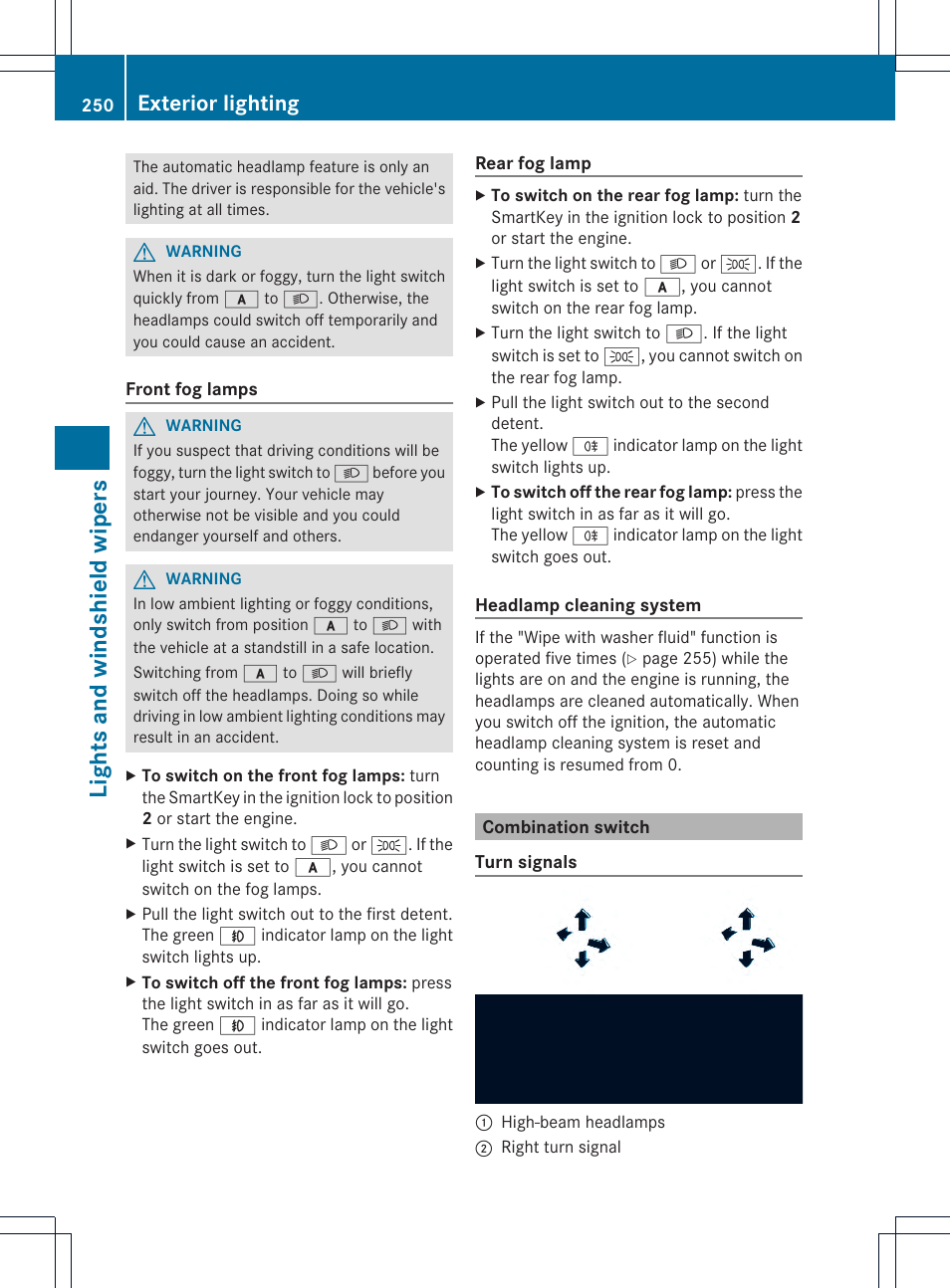 Lights and windshield wipers, Exterior lighting | Mercedes-Benz CL-Class 2013 Owners Manual User Manual | Page 252 / 494