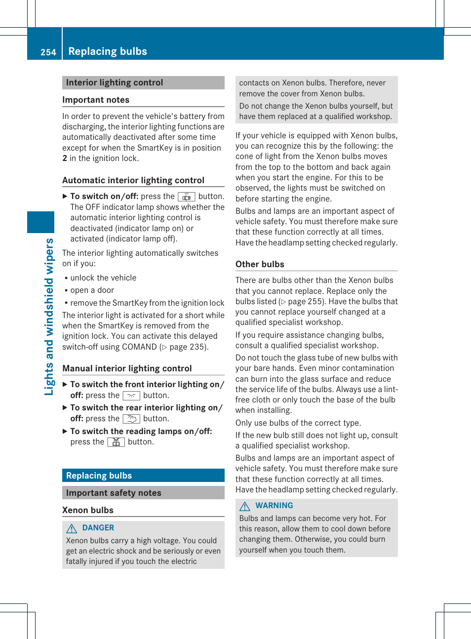 Lights and windshield wipers, Replacing bulbs | Mercedes-Benz CL-Class 2013 Owners Manual User Manual | Page 256 / 494