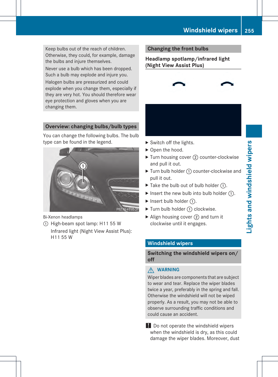 Lights and windshield wipers, Windshield wipers | Mercedes-Benz CL-Class 2013 Owners Manual User Manual | Page 257 / 494