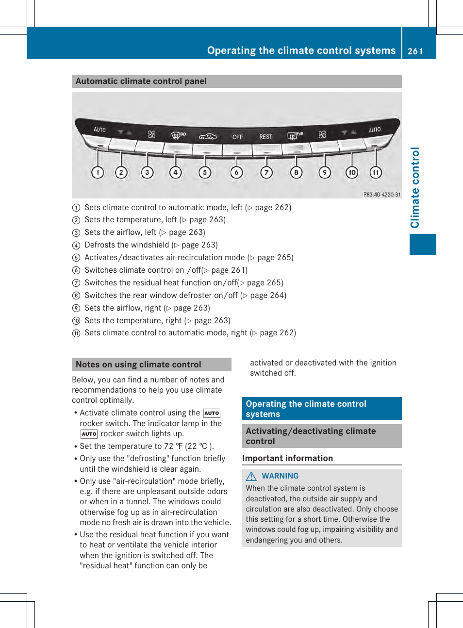 Climat e control, Operating the climate control systems | Mercedes-Benz CL-Class 2013 Owners Manual User Manual | Page 263 / 494