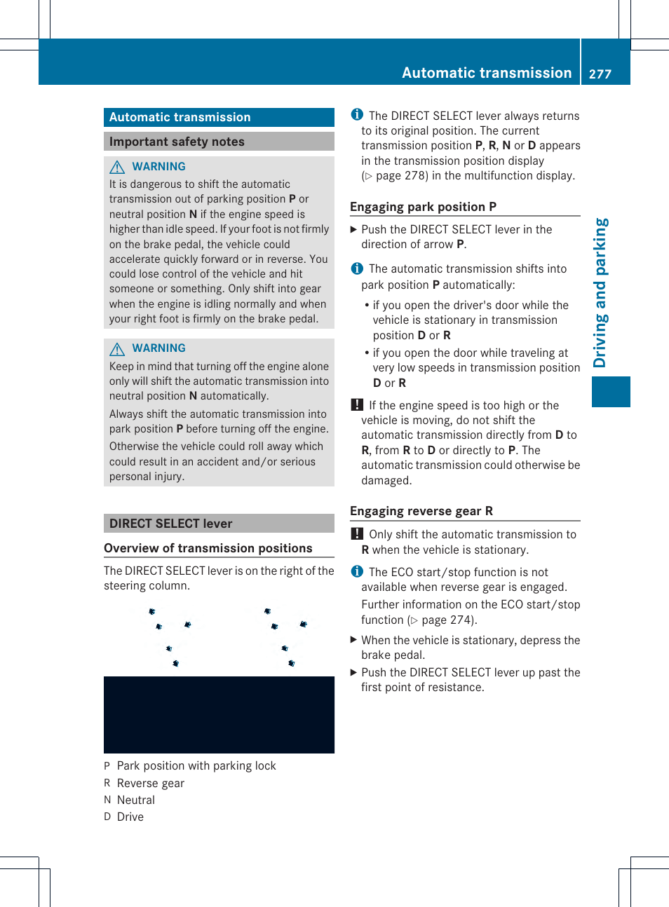 Driving and parking, Automatic transmission | Mercedes-Benz CL-Class 2013 Owners Manual User Manual | Page 279 / 494