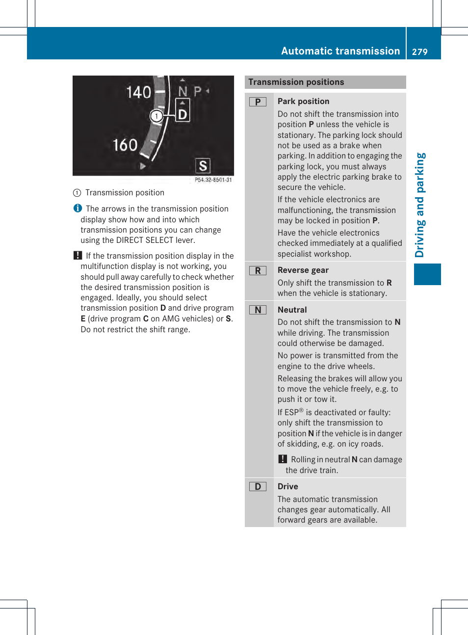 Driving and parking, Automatic transmission | Mercedes-Benz CL-Class 2013 Owners Manual User Manual | Page 281 / 494
