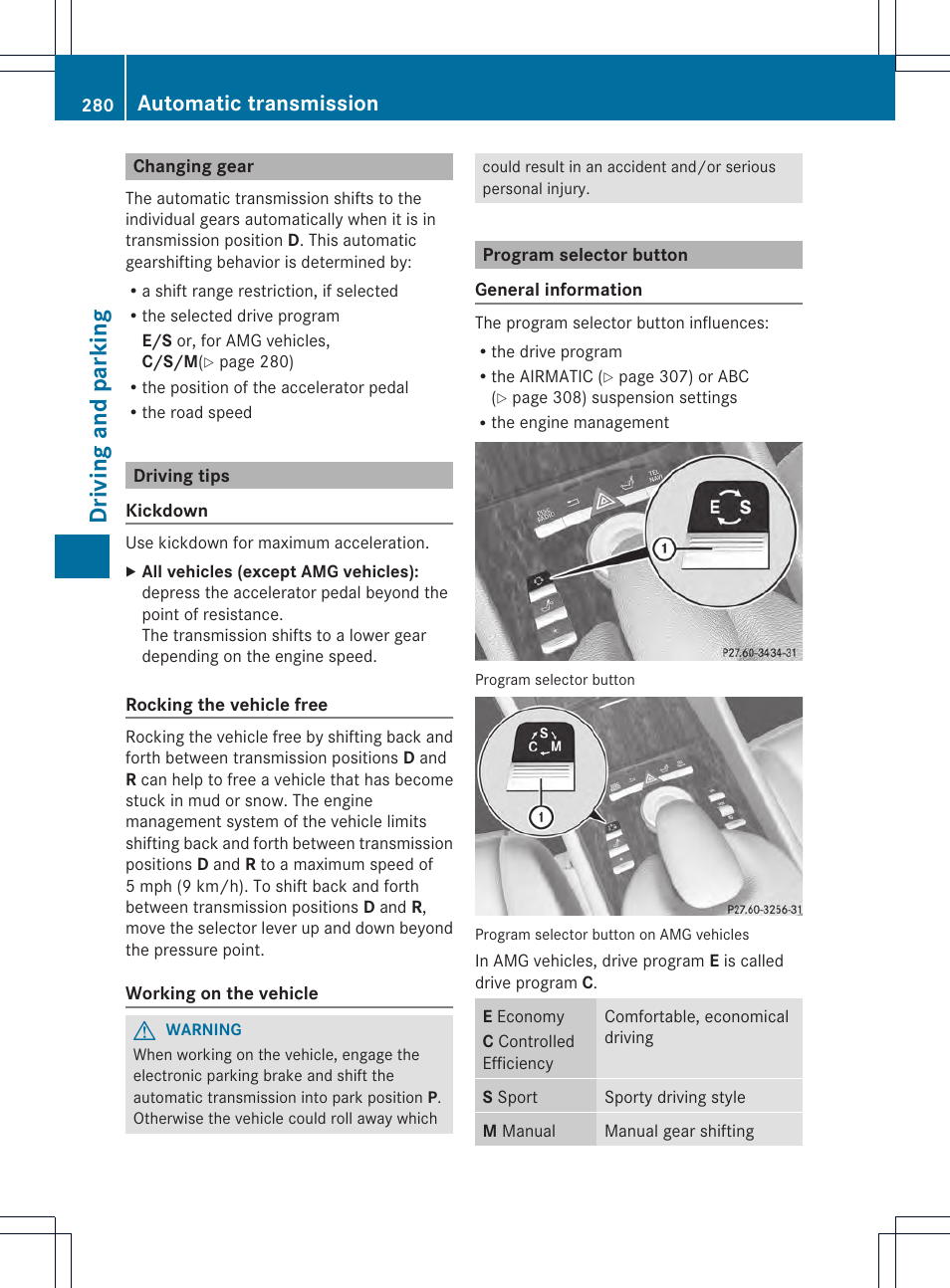 Driving and parking, Automatic transmission | Mercedes-Benz CL-Class 2013 Owners Manual User Manual | Page 282 / 494