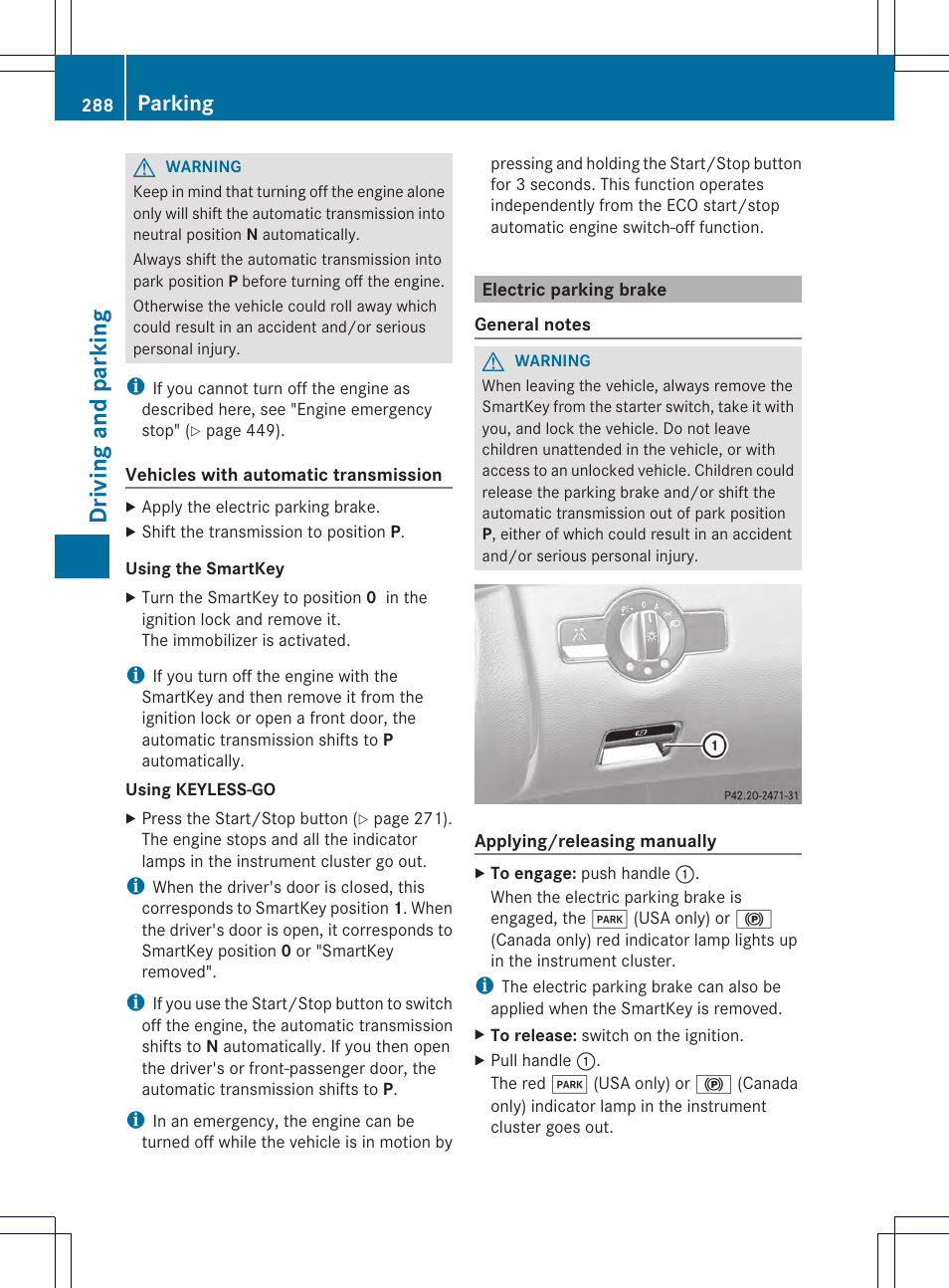 Driving and parking, Parking | Mercedes-Benz CL-Class 2013 Owners Manual User Manual | Page 290 / 494