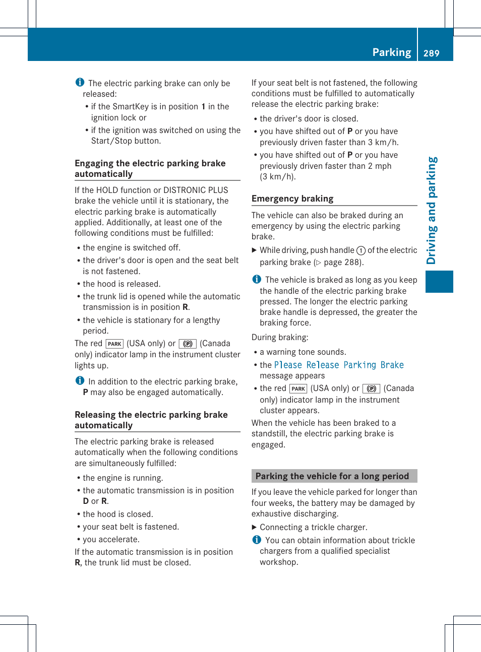 Driv ing and pa rk ing, Parking | Mercedes-Benz CL-Class 2013 Owners Manual User Manual | Page 291 / 494