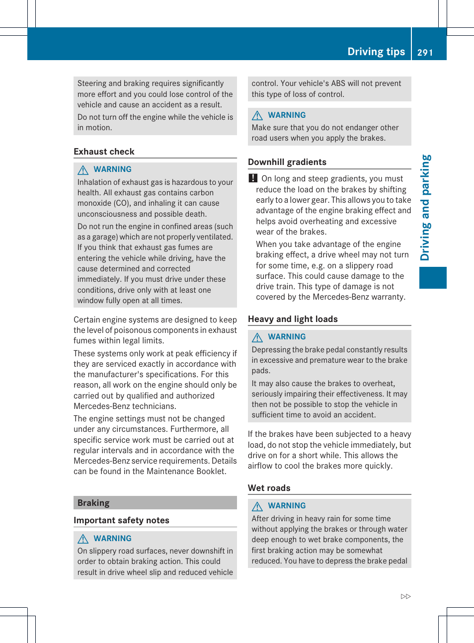 Driving and parking, Driving tips | Mercedes-Benz CL-Class 2013 Owners Manual User Manual | Page 293 / 494