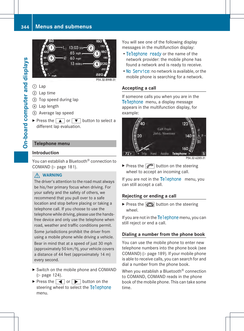 On-board computer and displays, Menus and submenus | Mercedes-Benz CL-Class 2013 Owners Manual User Manual | Page 346 / 494