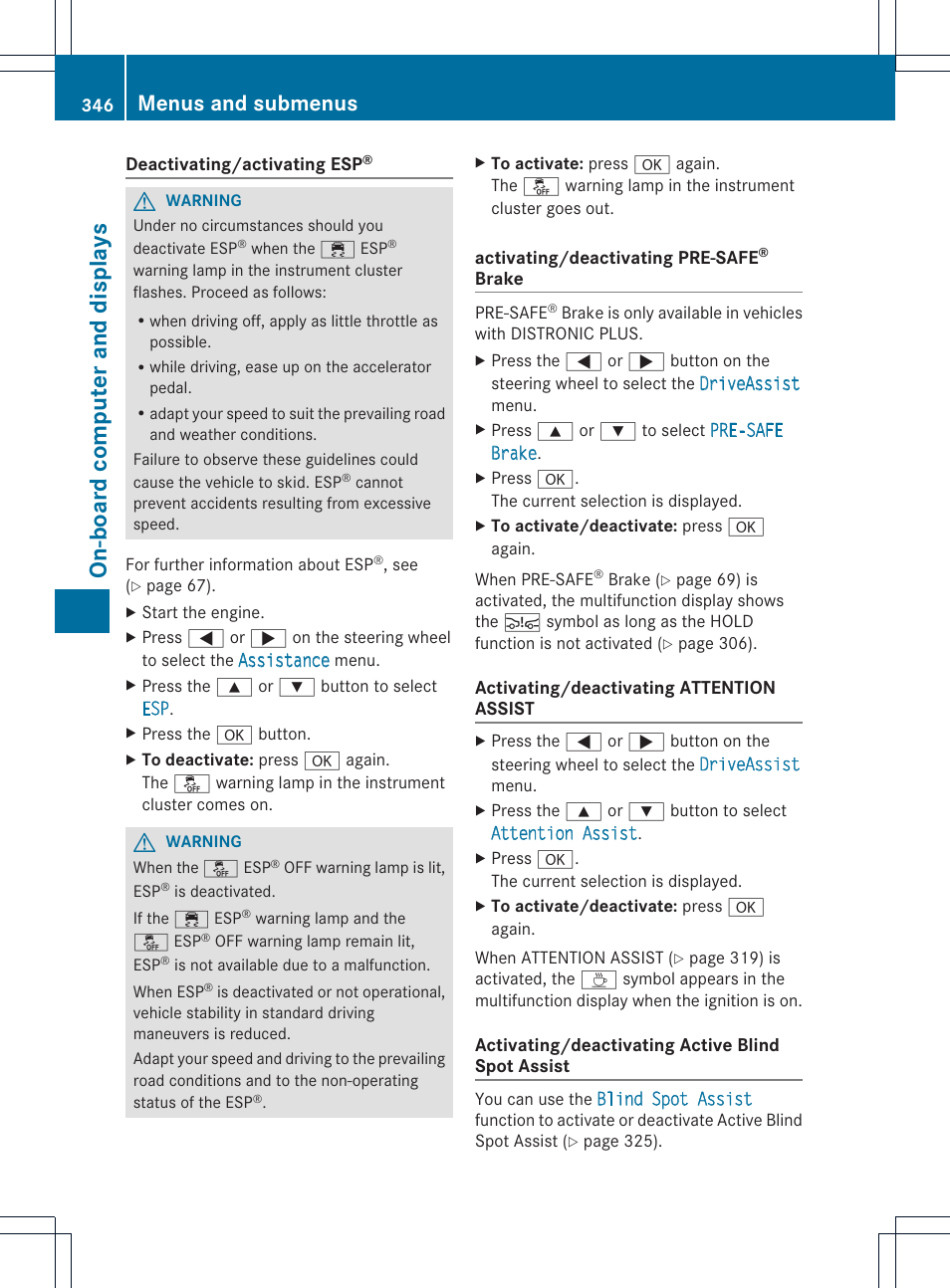 On-boar d compu ter and disp lays, Menus and submenus | Mercedes-Benz CL-Class 2013 Owners Manual User Manual | Page 348 / 494