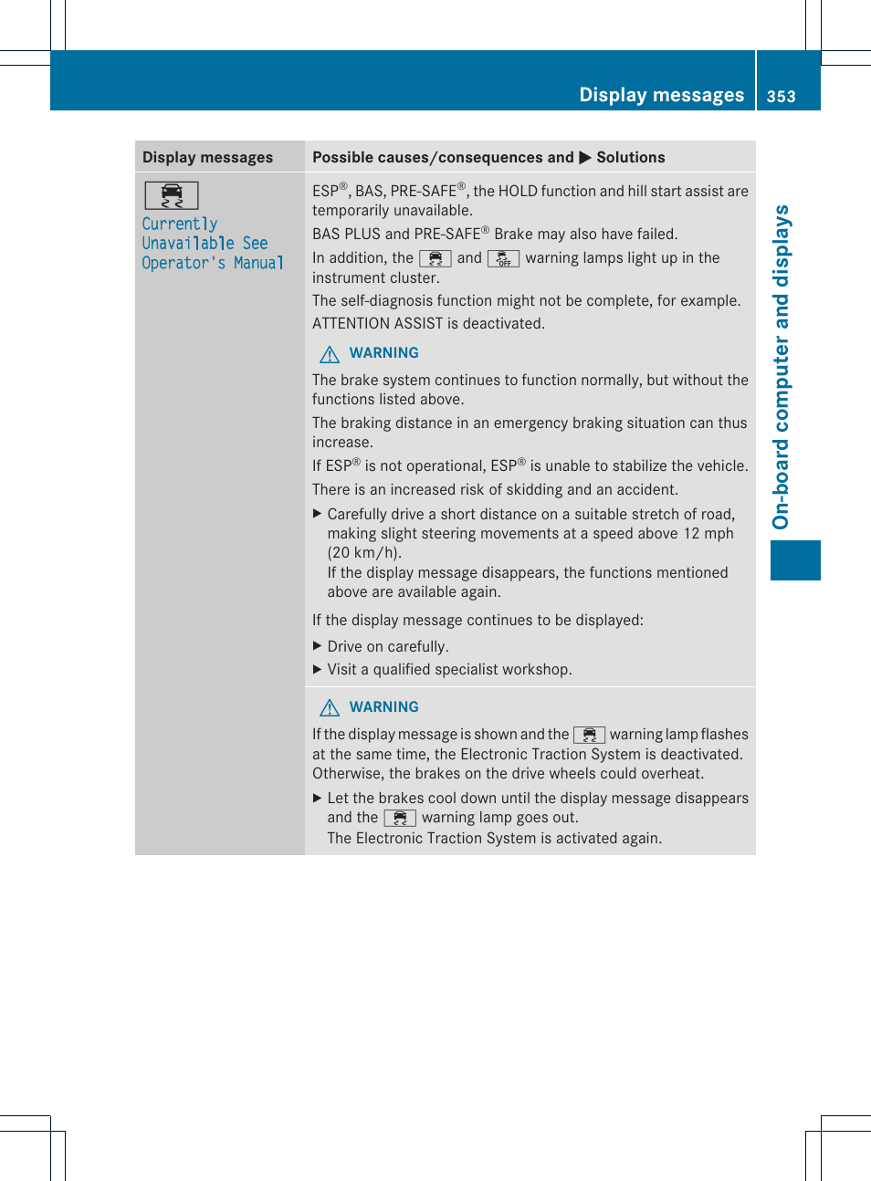 On-boa rd comp uter and disp lays, Display messages | Mercedes-Benz CL-Class 2013 Owners Manual User Manual | Page 355 / 494