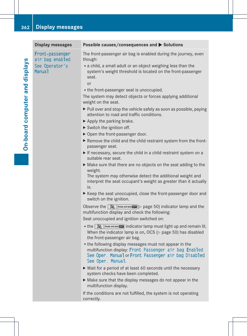 On-board computer and displays, Display messages | Mercedes-Benz CL-Class 2013 Owners Manual User Manual | Page 364 / 494