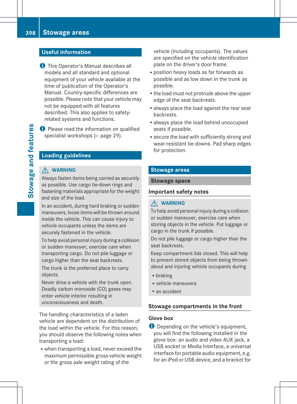 Stowage and feat ures, Stowage areas | Mercedes-Benz CL-Class 2013 Owners Manual User Manual | Page 400 / 494